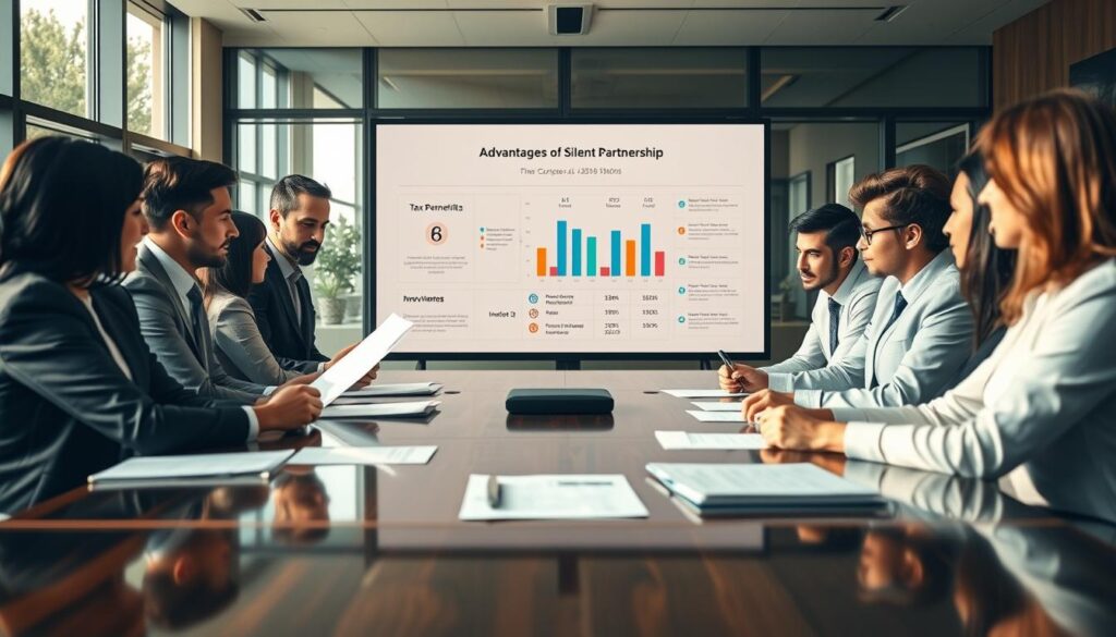 A professional business meeting scene depicting advantages of silent partnerships in taxation. In the foreground, a diverse group of business professionals in formal attire, intently discussing papers and financial charts on a polished conference table. In the middle, a large infographic illustrating tax benefits, such as reduced corporate rates and investment returns, elegantly displayed on a screen. The background features a modern office setting with large windows, allowing natural light to pour in, creating a warm and inviting atmosphere. The composition is captured using a Sony A7R IV at 70mm, ensuring clear focus on the subjects and sharp definition. The overall mood is optimistic and professional, emphasizing collaboration and financial growth.