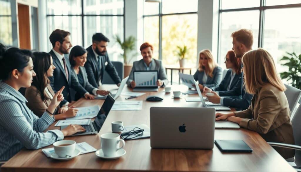 A professional business meeting scene depicting key account management and sales strategy differences. In the foreground, a diverse group of business professionals in formal attire engage in a dynamic discussion, using charts and graphs to illustrate their points. The middle ground features a large conference table with laptops, coffee cups, and documents, emphasizing collaboration and strategy development. In the background, an office with large windows allows natural light to stream in, enhancing the bright and optimistic atmosphere. The image captures a sense of teamwork and focus, shot with a Sony A7R IV at 70mm, using a polarized filter for clarity and vibrancy. The overall mood is professional and strategic, reflecting the importance of alignment in business practices.