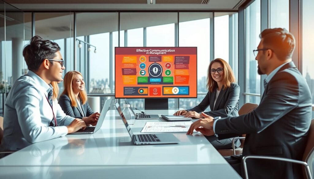 A professional business meeting scene depicting the importance of communication in management. In the foreground, a diverse group of five business professionals, dressed in professional attire, are engaged in an animated discussion around a sleek conference table with laptops and documents before them. The middle layer shows a large screen displaying a vibrant infographic on effective communication strategies in management. The background features a modern office environment with glass walls and a city skyline visible through large windows. The lighting is bright and inviting, with soft shadows to enhance depth. Shot with a Sony A7R IV at 70mm, the image is clearly focused and sharply defined, using a polarized filter to enhance colors and reduce glare, conveying a mood of collaboration and innovation.