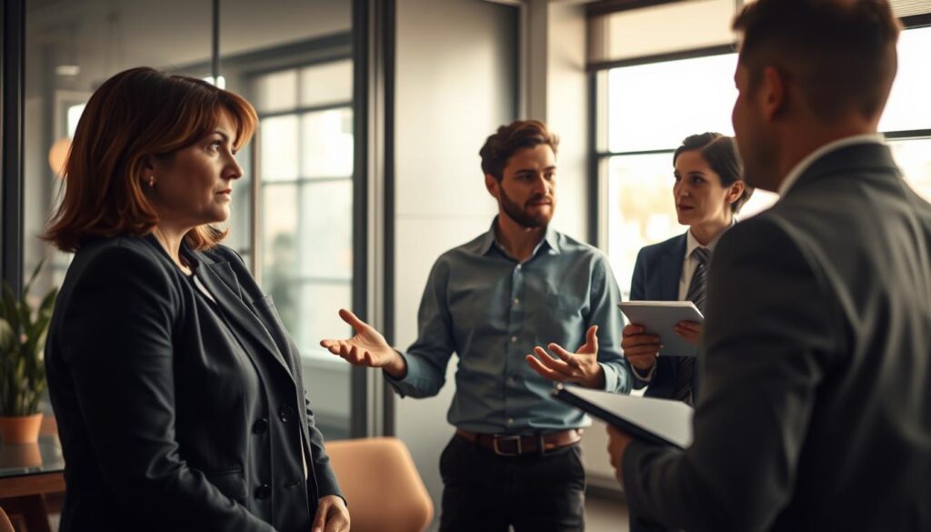 A professional business meeting scene focused on conflict management communication, featuring a diverse group of three individuals engaged in a constructive dialogue. In the foreground, a middle-aged woman in a tailored suit is actively listening, her facial expression conveying empathy. In the middle, a younger man in a smart casual shirt is speaking thoughtfully, gesturing with open hands to emphasize his points. To the side, a skilled mediator, dressed in business attire, is taking notes, reflecting a supportive role. The background shows a modern office setting with a large window allowing natural light to fill the room, creating a warm and inviting atmosphere. The image is shot on a Sony A7R IV at 70mm with a polarized filter, focusing sharply on the subjects, evoking a mood of collaboration and resolution in conflict management.