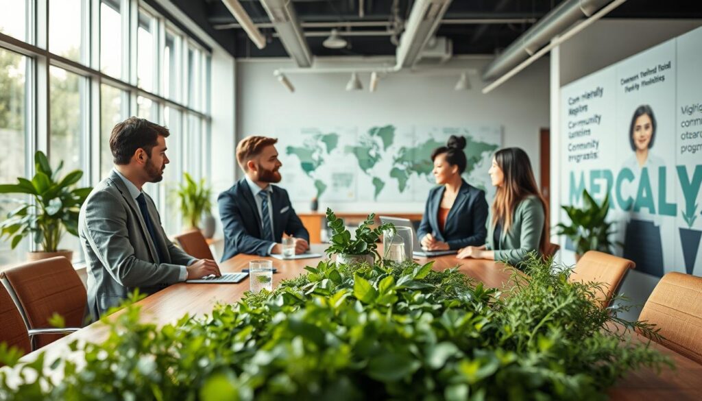 A professional business meeting scene focused on corporate social responsibility. In the foreground, a diverse group of four business professionals, two men and two women, are engaged in discussion around a large conference table filled with green plants and sustainable materials. The middle ground captures a vibrant office environment with large windows allowing natural light to flood the space. In the background, graphics showcasing eco-friendly initiatives and community outreach programs are displayed on walls. The image is shot with a Sony A7R IV, 70mm lens, emphasizing a crisp focus on the participants with a blurred backdrop. A warm, collaborative atmosphere pervades the scene, reflecting commitment to social responsibility and ethical practices in business.