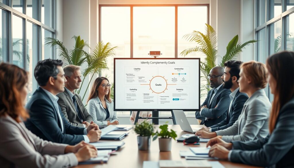 A professional business meeting scene focused on strategies for identifying complementary goals. In the foreground, a group of diverse professionals, dressed in smart business attire, are engaged in a thoughtful discussion, surrounded by documents and digital devices. In the middle, a large, interactive presentation screen displaying charts and diagrams illustrating goal alignment and synergy concepts. In the background, a bright, modern conference room with large windows letting in natural light, plants adding a touch of color, and a subtle cityscape visible outside. The atmosphere is collaborative and focused, with an emphasis on clarity and purpose. Shot with a Sony A7R IV at 70mm, the image is clearly focused and sharply defined, enhanced with a polarized filter for vibrant colors and contrast.