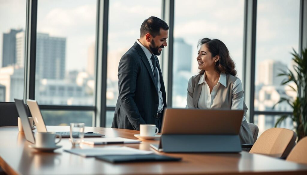 A professional business meeting scene, illustrating "Beziehungsorientierte Ansätze im Key Account Management." In the foreground, two diverse business professionals, a man and a woman, are engaged in a meaningful discussion, both dressed in modern business attire. The middle ground features a conference table with laptops, documents, and coffee cups, symbolizing collaboration and strategy. In the background, a large window reveals a city skyline, suggesting a dynamic corporate environment. Soft, natural lighting from the window enhances the professional atmosphere, while a clean, organized setting conveys focus and efficiency. The image is sharply defined, shot with a Sony A7R IV at 70mm, utilizing a polarized filter to enhance clarity and depth.