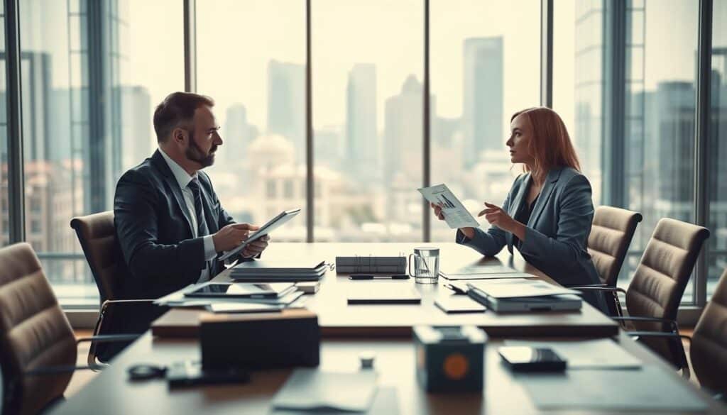 A professional business meeting scene illustrating the challenges of job sharing. In the foreground, two colleagues in professional attire are engaging in a serious discussion, one holding a notepad and the other presenting financial graphs. The middle ground features a modern conference table with digital devices and paperwork scattered around, highlighting collaboration. In the background, large windows let in natural light, revealing a city skyline that fosters an atmosphere of ambition and professionalism. The image should reflect a sense of tension and concern, with contrasts in shadows and light to emphasize the challenges of shared responsibilities. Shot on a Sony A7R IV, 70mm lens, with a polarized filter to enrich colors and details, creating a sharp, clearly defined focus. A professional business meeting scene illustrating the challenges of job sharing. In the foreground, two colleagues in professional attire are engaging in a serious discussion, one holding a notepad and the other presenting financial graphs. The middle ground features a modern conference table with digital devices and paperwork scattered around, highlighting collaboration. In the background, large windows let in natural light, revealing a city skyline that fosters an atmosphere of ambition and professionalism. The image should reflect a sense of tension and concern, with contrasts in shadows and light to emphasize the challenges of shared responsibilities. Shot on a Sony A7R IV, 70mm lens, with a polarized filter to enrich colors and details, creating a sharp, clearly defined focus.