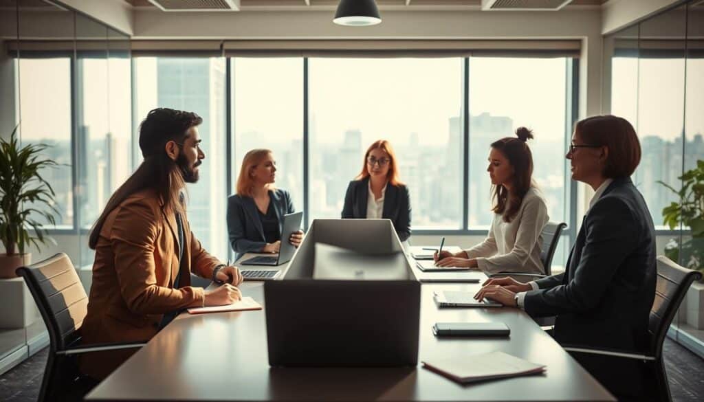 A professional business meeting scene illustrating the concept of body language and its significance in receiving criticism. In the foreground, a diverse group of four individuals engaged in discussion, showcasing distinct body language—open postures, attentive expressions, and active gestures. The middle ground features a modern conference table equipped with laptops and notepads, while a large window in the background reveals a cityscape, creating a bright atmosphere. Soft natural light filters through, casting gentle shadows. The camera angle is slightly elevated, shot on a Sony A7R IV with a 70mm lens, achieving a clearly focused and sharply defined look, enhanced by a polarized filter. The mood is professional and collaborative, emphasizing the importance of non-verbal communication in feedback situations.