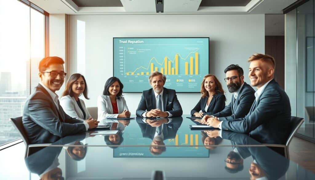 A professional business meeting scene illustrating trust and reputation in a corporate environment. In the foreground, a diverse group of businesspeople in sharp, professional attire sit at a sleek conference table, engaged in a discussion. Their expressions convey confidence and collaboration. In the middle, a large screen displays graphs and data that reflect successful business partnerships and financial growth. The background features modern office decor with large windows showing a city skyline, symbolizing prosperity and connections with banks and partners. The lighting is bright and inviting, emphasizing a positive and ambitious atmosphere. Shot on a Sony A7R IV with a 70mm lens, ensuring a clear focus and sharp definition, enhanced by a polarized filter for vibrant colors and contrast.