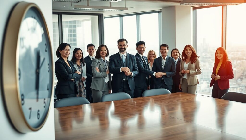 A professional business meeting scene in a well-lit office environment, showcasing a diverse group of businesspeople arriving promptly at a conference table. In the foreground, a clock on the wall shows the exact meeting time, emphasizing punctuality. The middle layer features men and women in smart business attire, displaying expressions of respect and readiness, as they greet each other with firm handshakes. In the background, large windows reveal a cityscape, signifying a bustling work atmosphere. The lighting is bright and inviting, with natural sunlight streaming in. The composition should be shot with a Sony A7R IV at 70mm, ensuring sharp focus and clarity, and using a polarized filter to enhance colors and reduce glare, creating a mood of professionalism and respect.