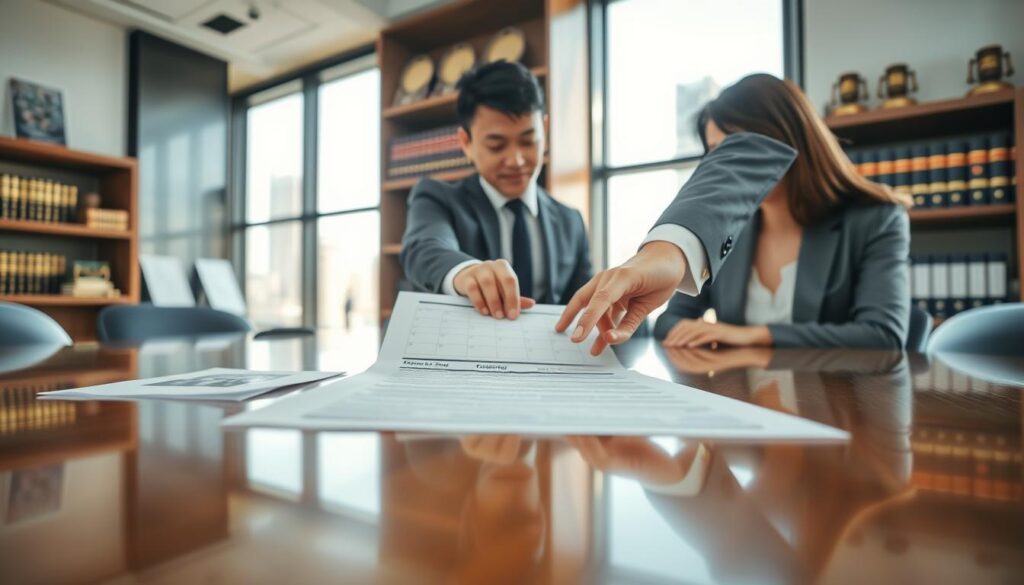 A professional business meeting scene set in a modern corporate office, showcasing two individuals in formal business attire discussing a document on a polished conference table. The foreground features a close-up of their hands pointing to a calendar and legal documents related to B2B contractual deadlines. The middle ground displays a large window with natural light flooding the room, revealing a city skyline. In the background, shelves filled with legal books and business awards reflect the seriousness of the topic of expiration periods in business dealings. The scene conveys a mood of concentration and urgency, capturing the importance of understanding business statutes and regulations. The image is shot with a Sony A7R IV at 70mm, with clear focus, sharp details, and enhanced contrast from a polarized filter.