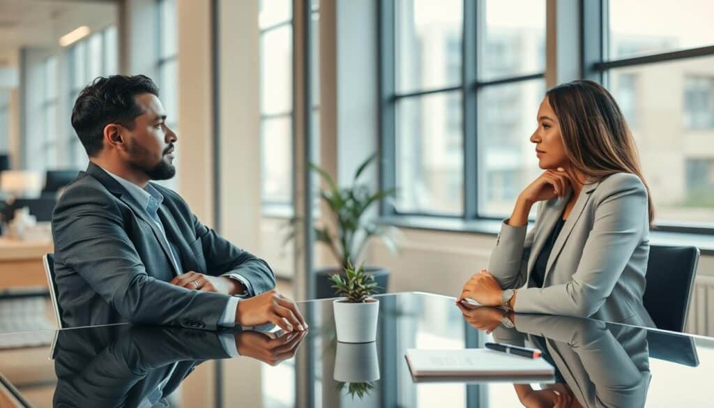 A professional business meeting scene set in a modern office environment, focusing on two individuals engaged in a meaningful conversation about employment termination. The foreground features a diverse man and woman, dressed in professional business attire, sitting across a sleek glass table, their expressions reflecting contemplation and empathy. The middle ground includes a potted plant and a notepad with a pen, symbolizing preparation and communication. The background shows large windows with natural light streaming in, illuminating the space and creating a warm, inviting atmosphere. Shot on a Sony A7R IV at 70mm, the image is clearly focused and sharply defined, with a polarized filter enhancing the colors and contrast, conveying a mood of professionalism and openness, ideal for highlighting the importance of timing in difficult discussions.