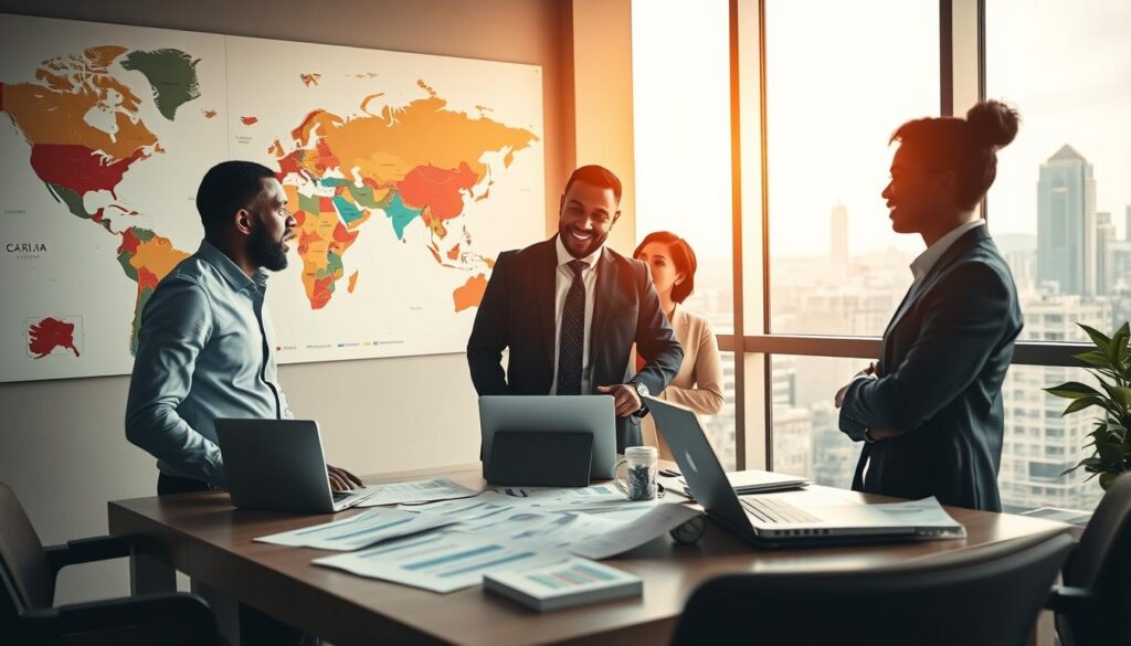 A professional business meeting scene set in a modern, stylish conference room. In the foreground, a diverse group of three professionals—two men and one woman—are engaged in a lively discussion, dressed in smart business attire. They are examining a world map on the wall that highlights different cultural symbols, representing various countries and their marketing preferences. In the middle ground, there's a large table with laptops and documents showcasing graphs and charts illustrating international marketing strategies. In the background, large windows offer a view of a bustling city skyline, with soft natural light filtering in, creating a bright and inspiring atmosphere. Shot on a Sony A7R IV 70mm, focused and sharply defined with a polarized filter, showcasing detail and clarity. A professional business meeting scene set in a modern, stylish conference room. In the foreground, a diverse group of three professionals—two men and one woman—are engaged in a lively discussion, dressed in smart business attire. They are examining a world map on the wall that highlights different cultural symbols, representing various countries and their marketing preferences. In the middle ground, there's a large table with laptops and documents showcasing graphs and charts illustrating international marketing strategies. In the background, large windows offer a view of a bustling city skyline, with soft natural light filtering in, creating a bright and inspiring atmosphere. Shot on a Sony A7R IV 70mm, focused and sharply defined with a polarized filter, showcasing detail and clarity.
