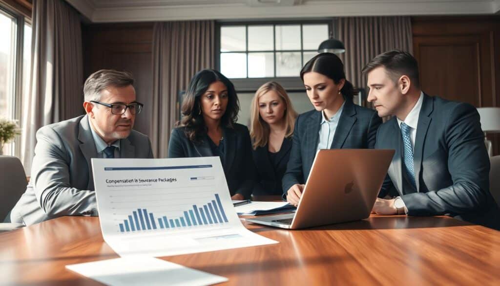 A professional business meeting scene set in an elegantly appointed conference room. In the foreground, a diverse group of three business professionals, two men and one woman, are engaged in a serious discussion over a financial document illustrating compensation negotiations. They are dressed in sharp business attire, with expressions of focus and determination. In the middle ground, a large wooden table is adorned with documents and a laptop displaying graphs related to severance packages. The background features a large window with natural light pouring in, casting soft shadows, creating a warm, yet professional atmosphere. The scene is shot on a Sony A7R IV with a 70mm lens, ensuring a clearly focused, sharply defined image with a polarized filter to enhance clarity and contrast.