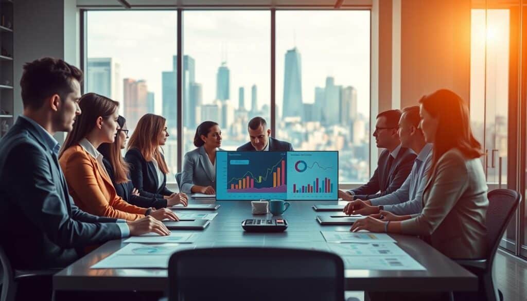 A professional business meeting set in a modern office environment, highlighting the relationship between goal alignment and productivity. In the foreground, a group of diverse professionals in business attire are engaged in a collaborative discussion, analyzing charts and graphs on a digital screen. The middle ground features a large conference table with colorful data visuals, symbolizing interconnected goals. In the background, large windows reveal a vibrant cityscape, with sunlight streaming in, creating a warm, productive atmosphere. Shot on Sony A7R IV 70mm, the image is sharply defined and clearly focused, with a polarized filter enhancing the colors and contrasts, conveying a sense of harmony and productivity in planning.