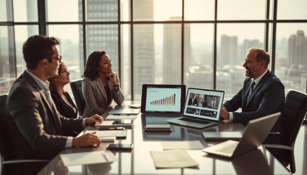 A professional business meeting setting depicting a "Kick-Off Meeting" atmosphere. In the foreground, a diverse group of four business professionals, dressed in sharp business attire, engaged in animated discussion while seated around a modern conference table. The middle ground captures various documents, digital devices, and a laptop open with a presentation displayed, emphasizing organization and strategy. The background showcases a large window revealing a cityscape, with natural sunlight pouring in to create a warm and inviting ambience. The overall mood is focused yet collaborative, reflecting both energy and professionalism. Shot on a Sony A7R IV 70mm, clearly focused and sharply defined with a polarized filter, enhancing colors and details. A professional business meeting setting depicting a "Kick-Off Meeting" atmosphere. In the foreground, a diverse group of four business professionals, dressed in sharp business attire, engaged in animated discussion while seated around a modern conference table. The middle ground captures various documents, digital devices, and a laptop open with a presentation displayed, emphasizing organization and strategy. The background showcases a large window revealing a cityscape, with natural sunlight pouring in to create a warm and inviting ambience. The overall mood is focused yet collaborative, reflecting both energy and professionalism. Shot on a Sony A7R IV 70mm, clearly focused and sharply defined with a polarized filter, enhancing colors and details.