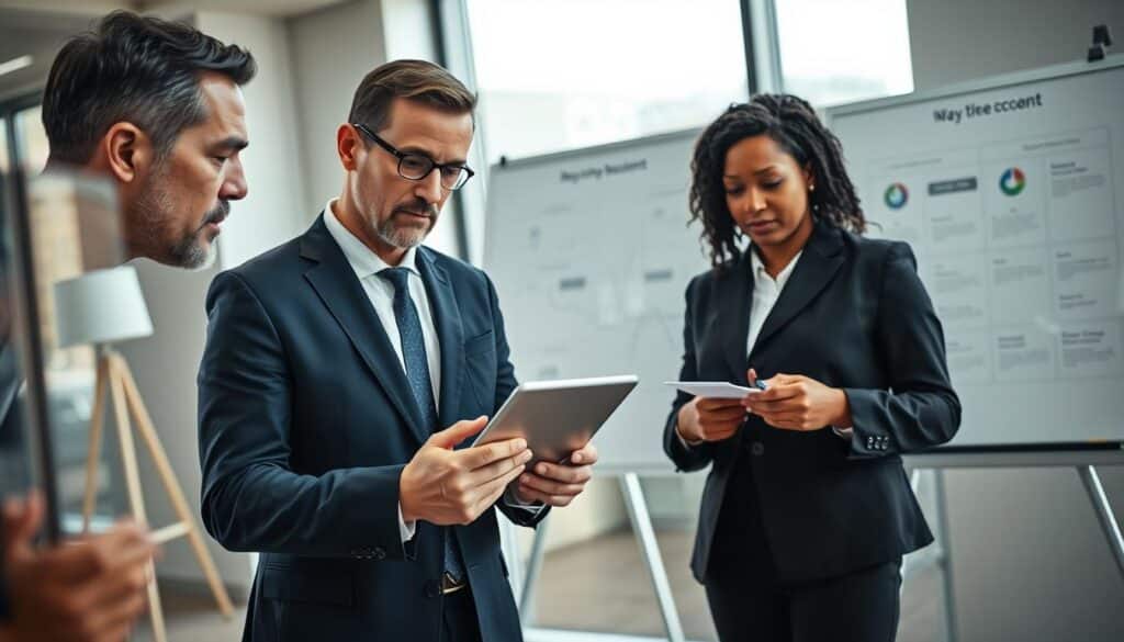 A professional business meeting setting, featuring a diverse group of three individuals engaged in a discussion about key account management. In the foreground, a middle-aged Caucasian man in a smart navy suit is presenting data on a tablet, his expression focused and confident. To his right, a young Black woman in a tailored blazer listens attentively, jotting down notes. Slightly behind them, an older Asian man gestures towards a whiteboard filled with strategic diagrams. The background shows a modern office environment with large windows allowing soft natural light to illuminate the scene. Shot with a Sony A7R IV at 70mm, sharply focused and clearly defined, with a polarized filter enhancing the contrast and colors, creating a professional and inspiring atmosphere.