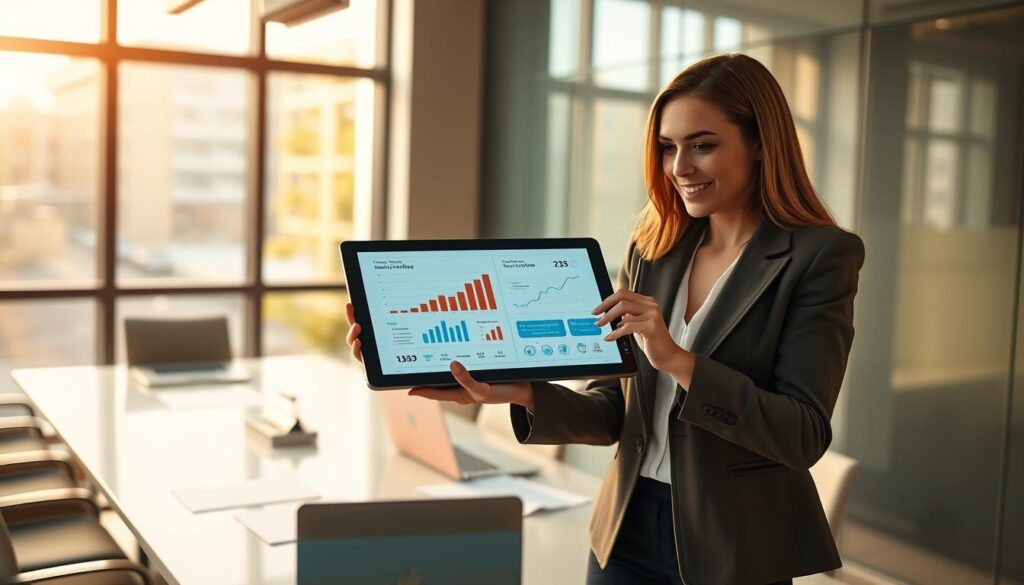 A professional business meeting setting, featuring three individuals engaged in direct communication. In the foreground, a woman in a smart blazer is gesturing towards a digital tablet displaying clear graphs and figures, her expression focused and engaged. The middle ground shows a clean, modern conference table with documents and laptops neatly arranged. In the background, a large window allows warm, natural light to flood the room, illuminating the high-tech office environment. The atmosphere is upbeat and collaborative, emphasizing the importance of immediate exchanges of information. Shot on a Sony A7R IV with a 70mm lens, the image is sharply defined and well-composed, using a polarized filter to enhance clarity and reduce glare.