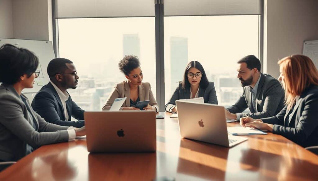 A professional business meeting setting focused on the discussion of severance agreements impacting future job applications. In the foreground, a diverse group of four professionals, dressed in business attire, engaged in a serious conversation over documents and laptops on a sleek conference table. In the middle ground, a large window offers natural light, casting soft shadows, with a cityscape visible outside, hinting at the corporate environment. The background features modern office decor, including a whiteboard and charts. The atmosphere is tense yet collaborative, reflecting the weight of the discussion. Shot on a Sony A7R IV at 70mm, the image is clearly focused and sharply defined, with a polarized filter enhancing color contrast and clarity.