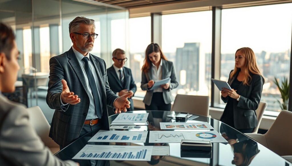 A professional business meeting setting, showcasing diverse business professionals engaged in discussion. In the foreground, a confident, middle-aged man in a tailored suit gestures while explaining the concept of limited liability (Haftungsbeschränkung) of a GmbH; beside him, a focused young woman takes notes, dressed in smart business attire. In the middle, a modern conference table is adorned with charts and documents illustrating the capital structure (Stammkapital) of a GmbH. The background features a sleek office with large windows showing a cityscape, with the warm glow of natural light illuminating the scene. Captured with a Sony A7R IV at 70mm, the image is sharply defined and clearly focused, evoking a professional and collaborative atmosphere.