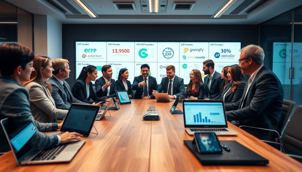 A professional business overview of various ERP providers, depicted in a modern office environment. In the foreground, a sleek wooden conference table displays a variety of laptops and tablets, showing graphs and charts related to ERP systems. In the middle, diverse professionals dressed in smart business attire engage in discussion, pointing at the screens and sharing insights, with expressions of collaboration and focus. The background features a large digital screen displaying key ERP provider logos and statistics, with soft LED lighting creating a productive atmosphere. The scene is captured with a Sony A7R IV at 70mm, ensuring clear focus and sharp details, enhanced by a polarized filter to enrich colors and contrasts, evoking a sense of innovation and teamwork.