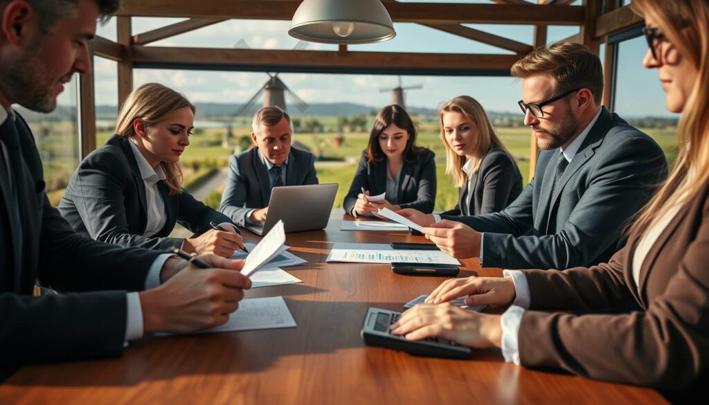 A professional business scene set in Ostfriesland, showcasing a diverse group of business people engaged in a meeting around a stylish wooden table, analyzing financial documents with calculators and laptops. The foreground features close-up shots of hands holding pens and papers, emphasizing organization and meticulousness in bookkeeping. The middle ground includes the focused expressions of the business professionals, dressed in smart business attire, collaborating and exchanging ideas. In the background, traditional Ostfriesland architecture, such as a scenic windmill and green fields, subtly frames the scene, reflecting the region's identity. The lighting is warm and natural, simulating late afternoon sun with a gentle glow. The overall atmosphere conveys professionalism, focus, and a spirit of collaboration, resulting in an inspiring image for businesses in the region. Shot on Sony A7R IV, 70mm, clearly focused, sharply defined, with a polarized filter.