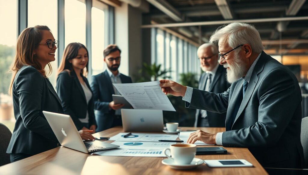 A professional business setting, capturing a diverse group of individuals in smart business attire discussing innovative financing options for small and medium enterprises (SMEs). In the foreground, a group of three people - a middle-aged woman with glasses, a young man with a tablet, and an elderly gentleman pointing at a document. In the middle, a large table with financial charts, laptops, and coffee cups, conveying collaboration and idea-sharing. The background shows a modern office with large windows, natural light streaming in, creating a bright and optimistic atmosphere. Shot on Sony A7R IV at 70mm, ensuring a shallow depth of field to focus on the people while softly blurring the background, with a polarized filter enhancing clarity and color vibrancy. A professional business setting, capturing a diverse group of individuals in smart business attire discussing innovative financing options for small and medium enterprises (SMEs). In the foreground, a group of three people - a middle-aged woman with glasses, a young man with a tablet, and an elderly gentleman pointing at a document. In the middle, a large table with financial charts, laptops, and coffee cups, conveying collaboration and idea-sharing. The background shows a modern office with large windows, natural light streaming in, creating a bright and optimistic atmosphere. Shot on Sony A7R IV at 70mm, ensuring a shallow depth of field to focus on the people while softly blurring the background, with a polarized filter enhancing clarity and color vibrancy.