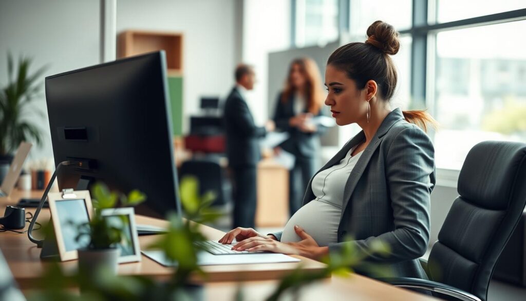 A professional business setting depicting a pregnant employee seated at a desk, looking confidently at her computer screen. She is dressed in smart business attire, illustrating a sense of empowerment. In the foreground, personal items like a small plant and a family photo create a warm atmosphere. The middle layer features her engaged in a discussion with a colleague, who is also in professional attire, emphasizing support and collaboration. The background showcases a modern office environment with soft natural light filtering through large windows, adding a sense of openness. The mood conveys a blend of determination and security, captured with a Sony A7R IV at 70mm, clearly focused, sharply defined, with a polarized filter to enhance the lighting.