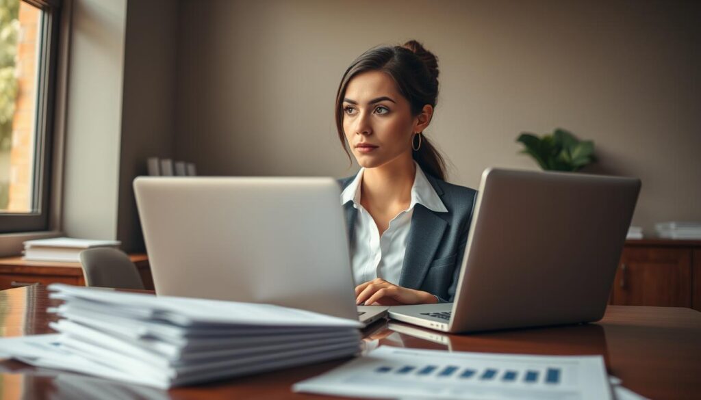 A professional business setting depicting a young woman in business attire, seated at a polished wooden desk with a laptop open in front of her, looking contemplative. In the foreground, a few documents with graphs and notes are scattered, symbolizing financial implications. In the middle, a soft focus on the woman's thoughtful expression, her brow slightly furrowed as if pondering her rights regarding severance during her probation period. The background features an office environment with muted colors, emphasizing professionalism, with a window allowing natural light to softly illuminate the scene. Capture this with a Sony A7R IV at 70mm, ensuring sharp focus on the subject and the documents, while using a polarized filter to enhance clarity and contrast. The atmosphere is serious yet hopeful, reflecting the complexities of resignation and severance rights.