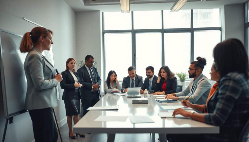 A professional business setting featuring a diverse group of individuals in business attire engaged in a collaborative workshop. In the foreground, a female leader stands by a whiteboard, writing key points about the "Code of Conduct" while discussing with her team. In the middle ground, team members of various ethnicities are seated around a modern conference table, examining documents and sharing ideas. In the background, large windows allow natural light to flood the room, enhancing the warm and cooperative atmosphere. The scene is shot with a Sony A7R IV at 70mm, clearly focused with sharply defined details, and a polarized filter to enhance clarity. The mood is productive, fostering teamwork and creativity in developing a code of conduct.