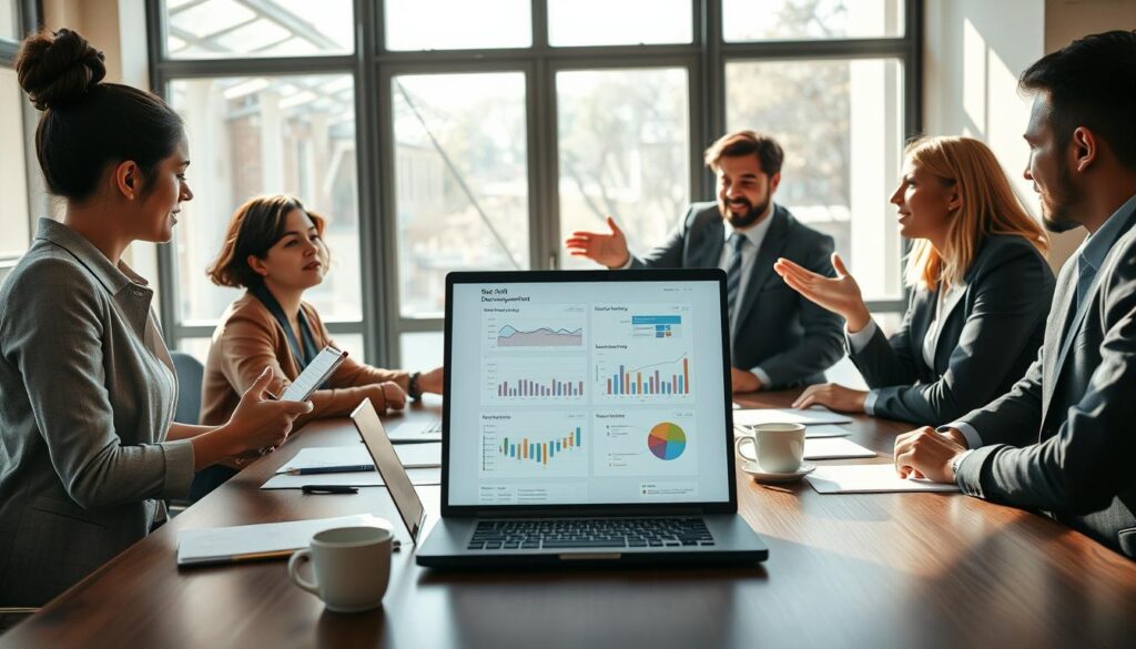 A professional business setting featuring a group of five diverse individuals engaged in a focused discussion around a large table. In the foreground, a woman in smart casual attire is jotting down notes on a notepad, while a man in a tailored suit gestures animatedly, emphasizing a key point. In the middle, an open laptop displays graphs and charts illustrating skill development strategies, surrounded by documents and coffee cups. The background shows a large window with natural light pouring in, casting soft shadows across the room, contributing to a bright and motivating atmosphere. The image is shot with a Sony A7R IV at 70mm, focused and sharply defined with a polarized filter, creating a sense of clarity and professionalism. A professional business setting featuring a group of five diverse individuals engaged in a focused discussion around a large table. In the foreground, a woman in smart casual attire is jotting down notes on a notepad, while a man in a tailored suit gestures animatedly, emphasizing a key point. In the middle, an open laptop displays graphs and charts illustrating skill development strategies, surrounded by documents and coffee cups. The background shows a large window with natural light pouring in, casting soft shadows across the room, contributing to a bright and motivating atmosphere. The image is shot with a Sony A7R IV at 70mm, focused and sharply defined with a polarized filter, creating a sense of clarity and professionalism.