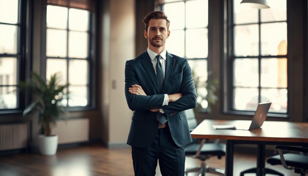 A professional business setting featuring a well-dressed individual suitable for an interview, wearing a tailored navy blue suit, crisp white shirt, and a stylish tie. The subject stands confidently with arms crossed in a softly lit office environment. In the foreground, focus on the individual’s sharp attire and polished shoes, showcasing attention to detail. The middle ground highlights a sleek wooden desk with a laptop and a notepad, subtly indicating a business atmosphere. In the background, large windows allow natural light to flood the space, casting a warm glow. The image is shot with a Sony A7R IV at 70mm, ensuring a clear focus on the subject and sharply defined features, with a polarized filter to enhance colors and reduce glare, contributing to a professional and composed mood. A professional business setting featuring a well-dressed individual suitable for an interview, wearing a tailored navy blue suit, crisp white shirt, and a stylish tie. The subject stands confidently with arms crossed in a softly lit office environment. In the foreground, focus on the individual’s sharp attire and polished shoes, showcasing attention to detail. The middle ground highlights a sleek wooden desk with a laptop and a notepad, subtly indicating a business atmosphere. In the background, large windows allow natural light to flood the space, casting a warm glow. The image is shot with a Sony A7R IV at 70mm, ensuring a clear focus on the subject and sharply defined features, with a polarized filter to enhance colors and reduce glare, contributing to a professional and composed mood.