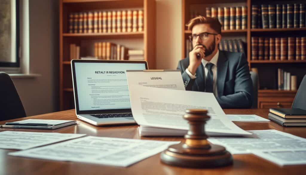 A professional business setting illustrating legal consequences of retracting a resignation. In the foreground, a well-dressed individual, wearing a smart suit, sits at a conference table with legal documents spread out, looking contemplative. In the middle, a laptop displays a digital legal form, with a pen poised above it, symbolizing decision-making. The background features a bookshelf filled with law books and neatly arranged files. Soft, natural lighting filters through a window, casting a warm glow on the scene. The image should evoke an atmosphere of seriousness and professionalism, captured using a Sony A7R IV at 70mm, ensuring clear focus and sharp definition with a polarized filter enhancing the depth and clarity.