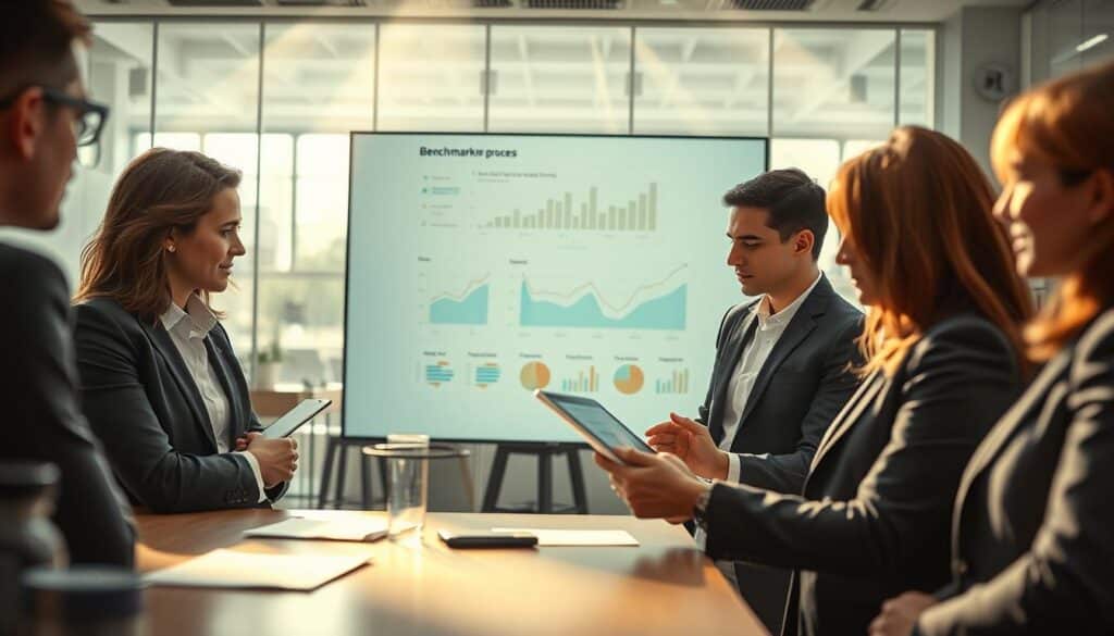 A professional business setting illustrating the "Benchmarking Process." In the foreground, a diverse group of business professionals in smart attire is engaged in discussion, analyzing data on a digital tablet. In the middle, a large screen displays a graphical representation of benchmarks and performance metrics, showcasing upward trends and comparisons. In the background, a modern office environment with glass walls and strategic planning materials enhances the sense of collaboration. Soft, natural lighting creates a motivating atmosphere, with rays of light penetrating the space, and a sharp focus achieved through a Sony A7R IV at 70mm, using a polarized filter to reduce reflections. The overall mood is one of productivity and insight, emphasizing teamwork and innovation in benchmarking.