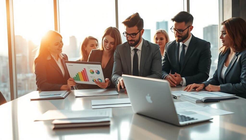 A professional business setting illustrating the contrast between short-term sales goals and long-term objectives in Key Account Management. In the foreground, a focused team of diverse business professionals, dressed in sleek business attire, intensely analyzing colorful graphs and charts on a digital tablet. In the middle ground, a modern conference table with various documents and a laptop open, showcasing a transition from immediate sales metrics to strategic planning visuals. The background features a large window with a city skyline, casting a warm, natural light that creates a bright and optimistic atmosphere. The image is shot on a Sony A7R IV at 70mm, ensuring clarity and sharp definition, enhanced by a polarized filter. The overall mood reflects ambition and strategy.