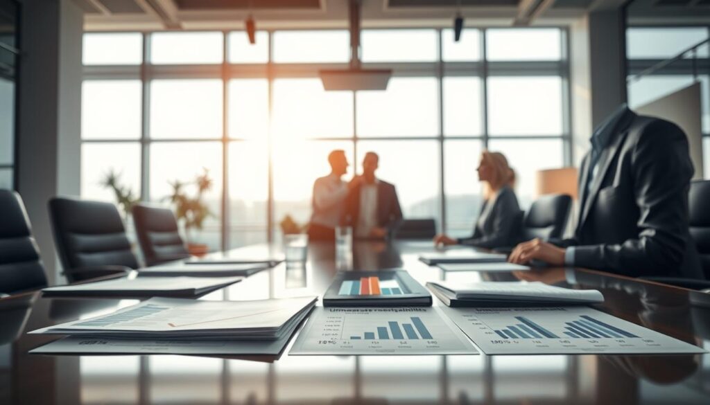 A professional business setting showcasing a comparative analysis of key financial metrics, specifically focused on "Umsatzrentabilität" versus other profitability ratios. In the foreground, an elegant conference table with neatly arranged financial documents and analytical graphs illustrating various profitability figures. In the middle ground, two business professionals, one male and one female, dressed in smart business attire, deeply engaged in discussion over the data. The background features a modern office space with large windows allowing natural light to flood the room, creating a bright and inviting atmosphere. The image captures a dynamic angle, emphasizing collaboration and analysis, shot on a Sony A7R IV at 70mm, with crisp detail and a polarized filter for clarity. A professional business setting showcasing a comparative analysis of key financial metrics, specifically focused on "Umsatzrentabilität" versus other profitability ratios. In the foreground, an elegant conference table with neatly arranged financial documents and analytical graphs illustrating various profitability figures. In the middle ground, two business professionals, one male and one female, dressed in smart business attire, deeply engaged in discussion over the data. The background features a modern office space with large windows allowing natural light to flood the room, creating a bright and inviting atmosphere. The image captures a dynamic angle, emphasizing collaboration and analysis, shot on a Sony A7R IV at 70mm, with crisp detail and a polarized filter for clarity.
