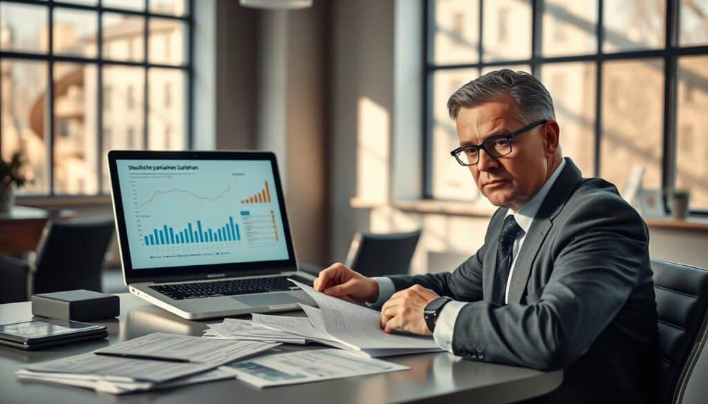 A professional business setting showcasing a detailed illustration of "steuerliche Behandlung partiarisches Darlehen." In the foreground, a seasoned financial analyst in business attire sits at a sleek desk, analyzing financial documents and tax regulations with a focused expression. In the middle, an open laptop displays graphs and charts related to the taxation of participatory loans. The background features a modern office environment with large windows letting in natural light, casting soft shadows across the room. The mood is serious yet optimistic, emphasizing the importance of financial planning. Capture the scene using a Sony A7R IV at 70mm, ensuring sharp definition and clarity, enhanced by a polarized filter for vivid colors and contrast.