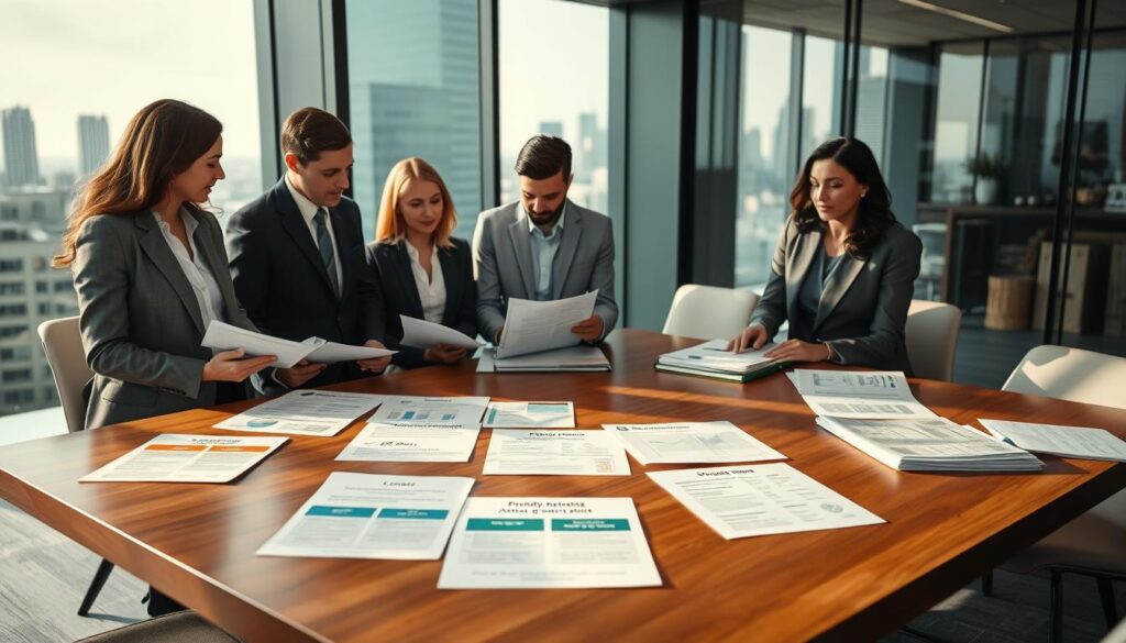 A professional business setting showcasing various types of Standby Letters of Credit. In the foreground, a diverse group of three individuals in business attire, examining documents and discussing among themselves, conveying a sense of collaboration. In the middle ground, a large wooden conference table with neatly organized files, highlighting different categories of Standby Letters of Credit, such as performance, payment, and bid bonds, with diagrams and charts spread out. The background features a modern office environment with glass walls, natural light pouring in, and city skyline views visible outside. Shot on a Sony A7R IV with a 70mm lens, ensuring sharp focus and clarity. The mood is professional and engaging, emphasizing security and trust in international trade.