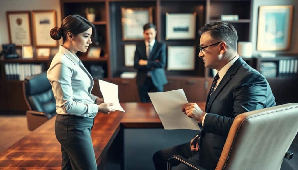 A professional business setting where a resignation is being handed over. In the foreground, a well-dressed individual in formal attire, holding a resignation letter, stands facing a seated manager at a polished wooden desk. The manager, also in professional attire, looks attentive and focused, reflecting a serious atmosphere. In the middle, a third person stands as a witness, observing the interaction, dressed in smart casual clothing to maintain a professional look. The background features blurred office elements like bookshelves and framed certificates, emphasizing the corporate environment. The lighting is soft yet direct, creating a warm ambiance, shot on a Sony A7R IV at 70mm, clearly focused with a polarized filter, capturing the moment's gravity without distractions.