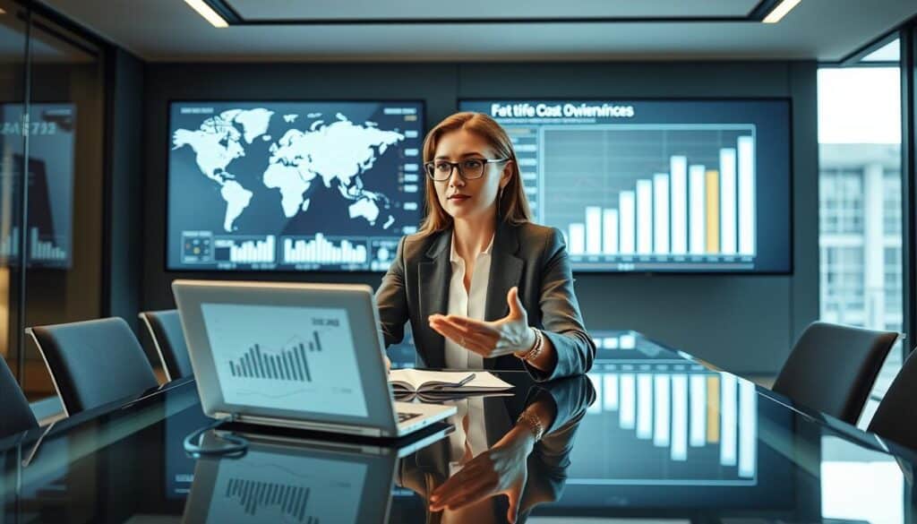 A professional business woman presenting insights on Total Cost of Ownership in a sleek conference room, seated at a modern glass table with a laptop open, analyzing graphs and statistics. In the background, a large screen displays international data and bar charts, symbolizing global market trends. The lighting is bright and professional, with soft natural light filtering through large windows, casting gentle shadows. The camera angle is slightly above eye level, providing a comprehensive view of the room’s setup. The atmosphere is focused and collaborative, reflecting a dynamic international business environment. Shot on Sony A7R IV at 70mm, with a polarized filter for enhanced clarity and definition.