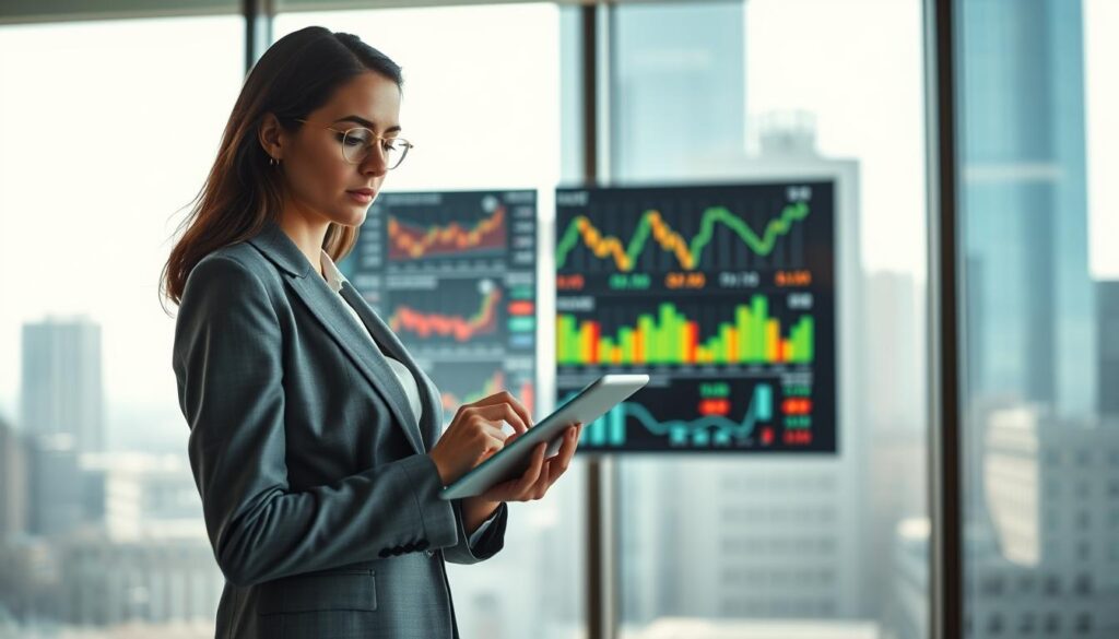 A professional businesswoman stands confidently in the foreground, dressed in a tailored suit, analyzing market trends on a digital tablet. Her expression showcases determination and insight. The middle ground features a large digital screen displaying various market graphs and statistics in vibrant colors, symbolizing data analysis. Behind her, a modern office skyline is visible through glass windows, bathed in soft, natural light streaming in, creating a bright and open atmosphere. The image is shot on a Sony A7R IV at 70mm, using a polarized filter to enhance colors and clarity. The overall mood is focused and forward-looking, embodying the theme of career transition and market observation.