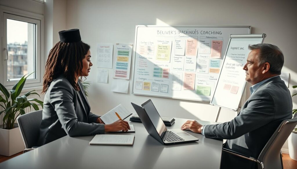 A professional coaching scene illustrating "berufliches Coaching" in a bright, inviting office environment. In the foreground, a diverse woman in business attire sits at a sleek desk, actively engaged in a coaching session with a middle-aged man, also dressed professionally. Both appear focused and motivated, with open notebooks and a laptop displaying a strategy plan. The middle ground shows a large whiteboard filled with colorful charts and motivational quotes, showcasing goals and strategies. In the background, a window allows natural light to flood the space, creating a warm and inspiring atmosphere. The image captures a sense of collaboration and empowerment, shot on a Sony A7R IV at 70mm, clearly focused and sharply defined with a polarized filter to enhance colors.