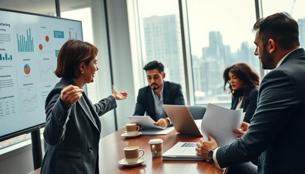 A professional conference room setting showcasing a diverse group of business professionals engaged in a discussion about implementation challenges. In the foreground, a mid-aged Caucasian woman in a smart blazer points at a digital presentation displaying complex graphs and flowcharts on a large screen. Beside her, an Asian man in business attire takes notes, his brow furrowed in concentration. In the middle ground, two additional colleagues, a Black woman and a Hispanic man, analyze a stack of documents, surrounded by cups of coffee and laptops. The background features a large window with natural light streaming in, illuminating the scene while a cityscape is visible outside. The mood is intense yet collaborative, emphasizing problem-solving amid automation and production growth challenges, shot on a Sony A7R IV at 70mm, clearly focused and sharply defined with a polarized filter.