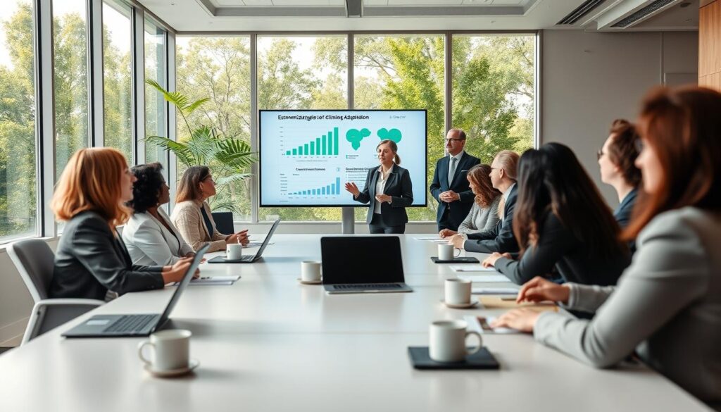 A professional conference room setting with people engaged in a lively discussion about economic strategies for climate change adaptation. In the foreground, a diverse group of individuals in business attire, including a middle-aged woman presenting on a digital screen with graphs and charts reflecting environmental data. The middle section features a modern conference table with laptops, papers, and coffee cups, emphasizing collaboration. The background shows large windows allowing natural light to flood the room, with a view of green trees symbolizing sustainable practices. The atmosphere is dynamic and focused, conveying a sense of urgency and innovation. Shot on Sony A7R IV, 70mm, with sharp focus and a polarized filter, capturing the details clearly.