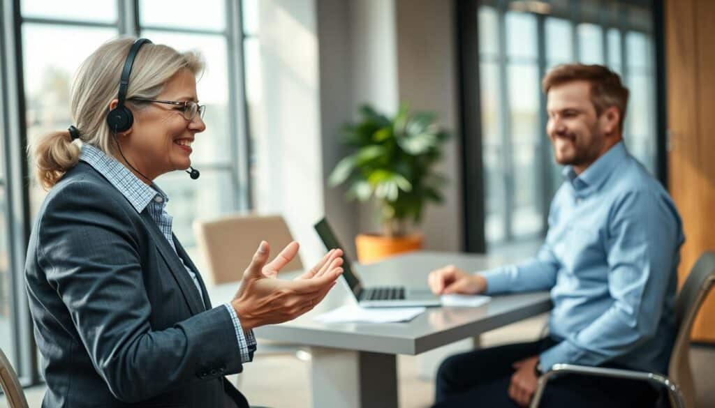 A professional customer service representative in a modern office setting, wearing business attire, is engaged in a conversation with a satisfied customer. In the foreground, the representative's attentive expression and hands gesturing convey active listening, while the customer, sitting across the table, displays a friendly demeanor, reflecting positive engagement. The middle ground features a sleek desk with a laptop and a few well-organized documents, illustrating a professional atmosphere. In the background, large windows let in soft, natural light that enhances the warm and welcoming mood of the scene. The shot is captured with a Sony A7R IV at 70mm, ensuring crisp detail and sharp focus, combined with a polarized filter to reduce glare and enhance the vibrancy of colors, creating a calm and approachable ambiance.