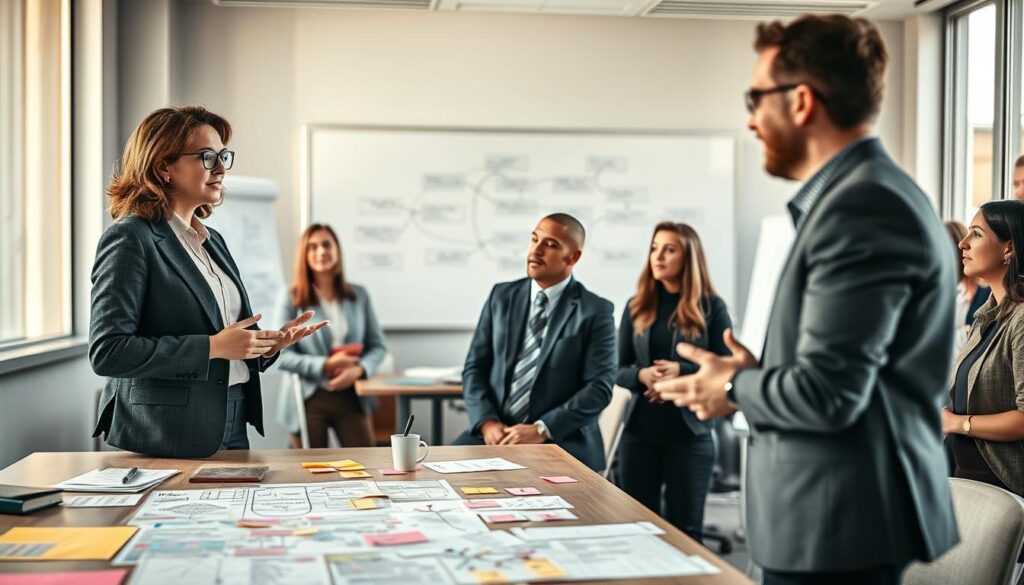 A professional educator leading a dynamic workshop on critical thinking techniques, standing confidently in a modern classroom setting. In the foreground, a table is filled with engaging materials like mind maps, flowcharts, and sticky notes that illustrate concepts of critical analysis. The middle ground features diverse adult learners, attentively participating and exchanging ideas, each dressed in smart business casual attire. The background showcases a whiteboard with diagrams, and large windows letting in natural light, creating an open and inviting atmosphere. The scene is shot with a Sony A7R IV at 70mm, sharply focused, with a polarized filter to enhance colors. The mood is inspiring and collaborative, encouraging intellectual engagement and exploration of different perspectives.