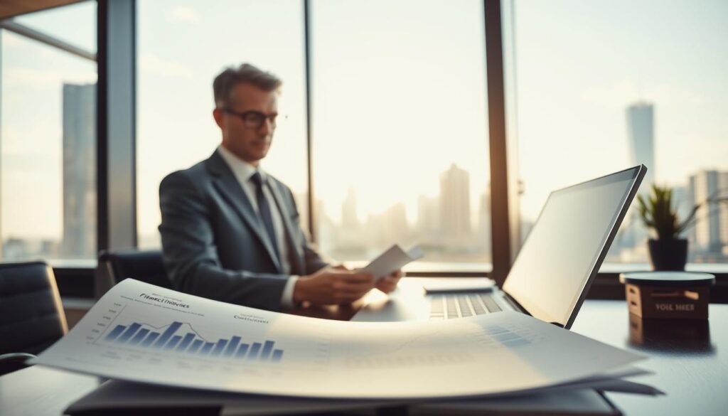 A professional financial advisor in a sleek, modern office setting, analyzing data on a laptop. In the foreground, a close-up of financial documents, including charts and graphs showing fluctuating financial situations. The middle ground features the advisor, dressed in a tailored business suit, deep in thought as they examine the data. The background reveals a large window with a city skyline, bathed in soft, natural light, creating a bright and optimistic atmosphere. The image is shot with a Sony A7R IV at 70mm, clearly focused and sharply defined, complemented by a polarized filter to enhance clarity and contrast. The overall mood is serious and professional, emphasizing the importance of understanding financial changes and their impacts.