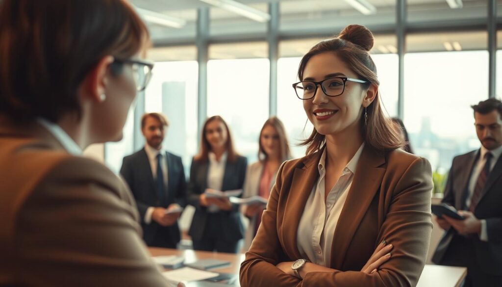 A professional, focused meeting scene in a bright, modern office environment. In the foreground, a confident businesswoman in professional attire is actively engaging in a constructive discussion, her expression conveying openness and positivity. In the middle, a diverse group of colleagues, also in business attire, are listening attentively and taking notes, showcasing a collaborative atmosphere. In the background, large windows let in natural light, illuminating the space and reflecting a cityscape. The image should evoke a sense of mutual respect and constructive feedback, with a warm and inviting color palette. Captured with a Sony A7R IV at 70mm, the focus is sharp, and the details are vivid, enhanced by a polarized filter to deepen colors and contrast.