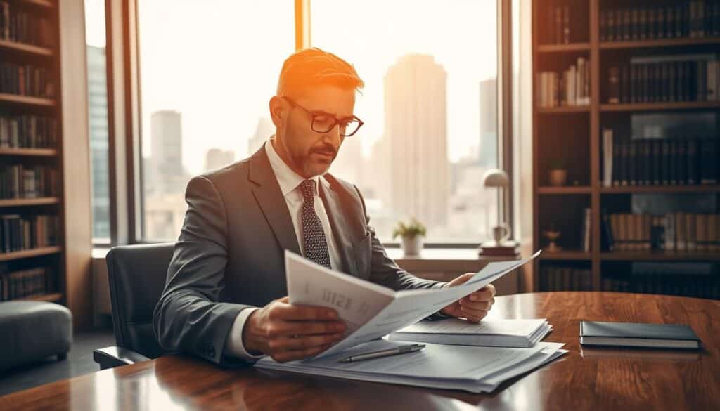 A professional independent appraiser examining financial documents in a modern office environment. In the foreground, a middle-aged man in a tailored suit is laboriously reviewing a stack of reports on his sleek wooden desk, his expression focused and thoughtful. In the middle ground, a large window provides natural light, revealing a city skyline that conveys prosperity and professionalism. The background features elegant bookshelves filled with business books, adding a scholarly atmosphere. The lighting is bright and warm, highlighting the serious yet calm mood of the scene. The image is shot with a Sony A7R IV at 70mm, delivering sharp focus and clear detail, utilizing a polarized filter to enhance colors and contrast.