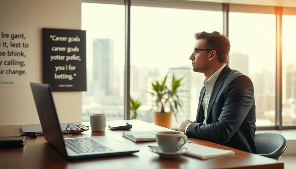 A professional individual reflecting thoughtfully at a modern workspace, dressed in smart business attire. In the foreground, a well-organized desk with a laptop, a notepad filled with notes on career goals, and a steaming cup of coffee. The middle ground captures the person gazing thoughtfully out of a large window, looking at the cityscape, symbolizing possibilities for change. The background showcases a bright, airy office environment with inspirational quotes on the walls, indicating a focus on personal growth and career advancement. The lighting is warm and inviting, with soft sunlight filtering through the window, enhancing a sense of clarity and purpose. Shot on a Sony A7R IV at 70mm, clearly focused, with a polarized filter, presenting a crisp and vibrant image that conveys contemplation and aspiration. A professional individual reflecting thoughtfully at a modern workspace, dressed in smart business attire. In the foreground, a well-organized desk with a laptop, a notepad filled with notes on career goals, and a steaming cup of coffee. The middle ground captures the person gazing thoughtfully out of a large window, looking at the cityscape, symbolizing possibilities for change. The background showcases a bright, airy office environment with inspirational quotes on the walls, indicating a focus on personal growth and career advancement. The lighting is warm and inviting, with soft sunlight filtering through the window, enhancing a sense of clarity and purpose. Shot on a Sony A7R IV at 70mm, clearly focused, with a polarized filter, presenting a crisp and vibrant image that conveys contemplation and aspiration.