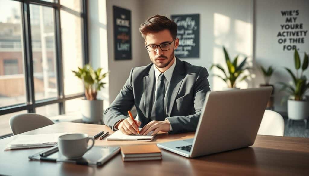 A professional individual sitting at a sleek desk, focused on writing a cover letter for a job application. The foreground features a neatly organized workspace with a laptop, stationery, and a coffee cup, highlighting an atmosphere of productivity. In the middle, soft natural light filters through a large window, illuminating the subject, a confident person dressed in smart business attire, showing concentration and intent. The background reveals a modern office with motivational quotes on the walls and potted plants, creating a calm and professional environment. The shot is captured on a Sony A7R IV at 70mm, providing a clearly focused and sharply defined image with a polarized filter, evoking a sense of determination and professionalism essential for a successful self-presentation in a cover letter.