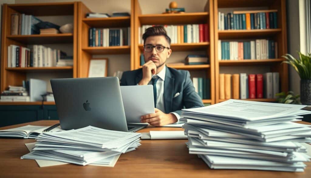 A professional, inviting workspace featuring a focused individual in smart business attire, sitting at a desk covered with application materials like resumes, cover letters, and a laptop. In the foreground, highlight a neatly arranged pile of successful job application documents. The middle ground showcases the individual deep in thought with a confident expression, considering their Bewerbungstrategien. In the background, a well-organized bookshelf filled with career guides and motivational books adds depth. The scene is lit with warm, natural light coming from a nearby window, creating an optimistic and engaging atmosphere. Shot on a Sony A7R IV with a 70mm lens, the image is clearly focused and sharply defined, utilizing a polarized filter to enhance color vibrancy and clarity. A professional, inviting workspace featuring a focused individual in smart business attire, sitting at a desk covered with application materials like resumes, cover letters, and a laptop. In the foreground, highlight a neatly arranged pile of successful job application documents. The middle ground showcases the individual deep in thought with a confident expression, considering their Bewerbungstrategien. In the background, a well-organized bookshelf filled with career guides and motivational books adds depth. The scene is lit with warm, natural light coming from a nearby window, creating an optimistic and engaging atmosphere. Shot on a Sony A7R IV with a 70mm lens, the image is clearly focused and sharply defined, utilizing a polarized filter to enhance color vibrancy and clarity.