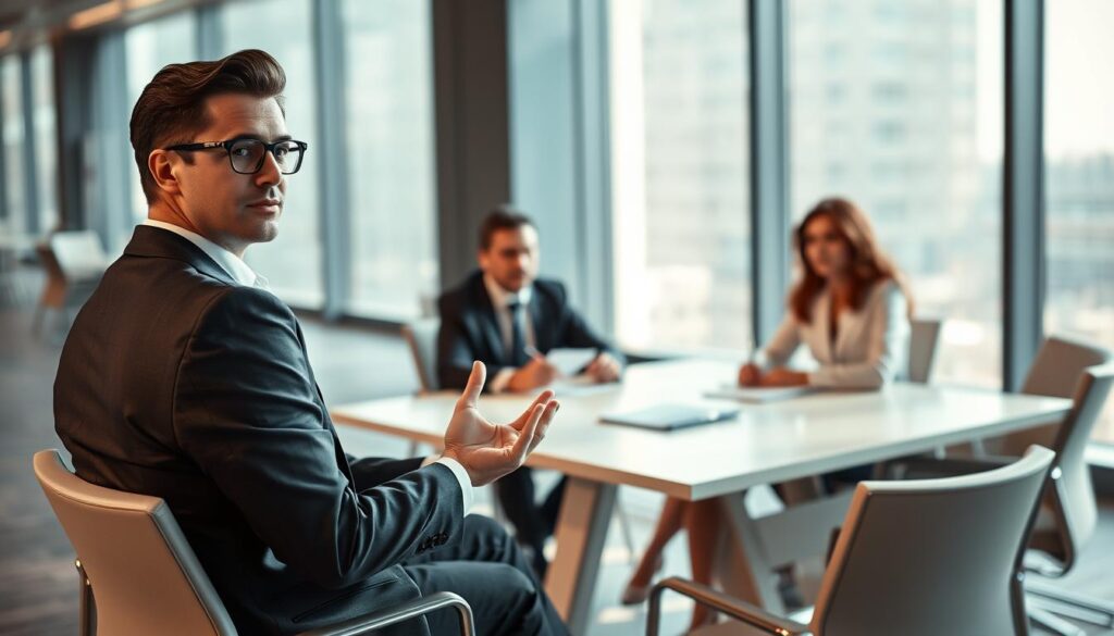 A professional job interview scene, featuring a confident candidate in smart business attire sitting across from a panel of interviewers in formal attire. The foreground shows the candidate attentively listening, with a focused expression and gesturing hands, indicating engagement. In the middle, the interviewers are seated at a sleek, modern table, holding notes and pens, expressing interest and curiosity. The background features a corporate office environment with large windows, filtered natural light casting soft shadows, contributing to a calm and professional atmosphere. The image should be sharp and well-defined, shot with a Sony A7R IV at 70mm, utilizing a polarized filter to enhance color depth and clarity, creating an insightful and inspiring ambiance. A professional job interview scene, featuring a confident candidate in smart business attire sitting across from a panel of interviewers in formal attire. The foreground shows the candidate attentively listening, with a focused expression and gesturing hands, indicating engagement. In the middle, the interviewers are seated at a sleek, modern table, holding notes and pens, expressing interest and curiosity. The background features a corporate office environment with large windows, filtered natural light casting soft shadows, contributing to a calm and professional atmosphere. The image should be sharp and well-defined, shot with a Sony A7R IV at 70mm, utilizing a polarized filter to enhance color depth and clarity, creating an insightful and inspiring ambiance.
